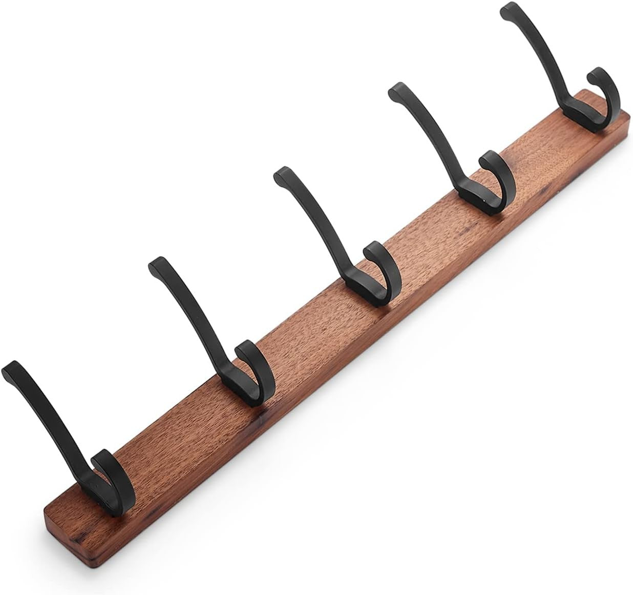 Walnut Wall Coat Rack 5 Black Hooks | Modern Wooden Hanger Rail for Hallway