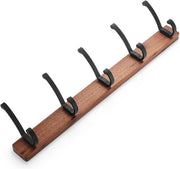 Walnut Wall Coat Rack 5 Black Hooks | Modern Wooden Hanger Rail for Hallway