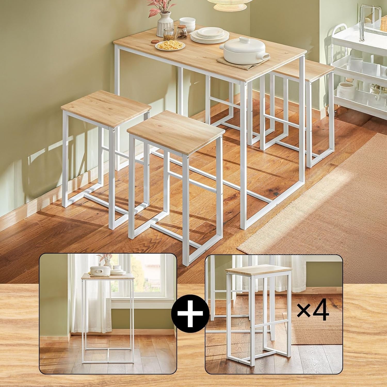 Compact Breakfast Bar Setup High Table Set 4 Stools, White & Natural 100×60cm