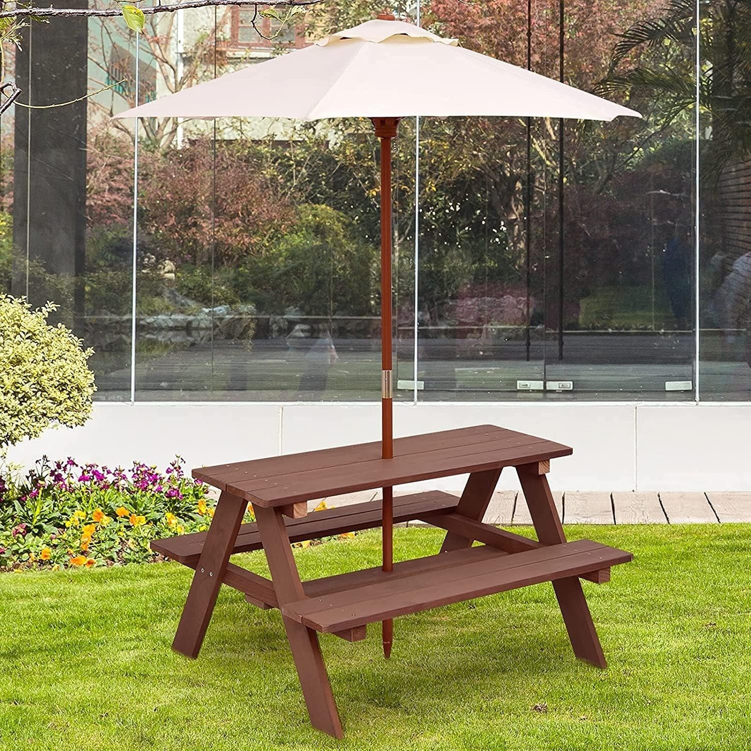Kids Wooden Picnic Table with Removable Umbrella, Outdoor Bench Set