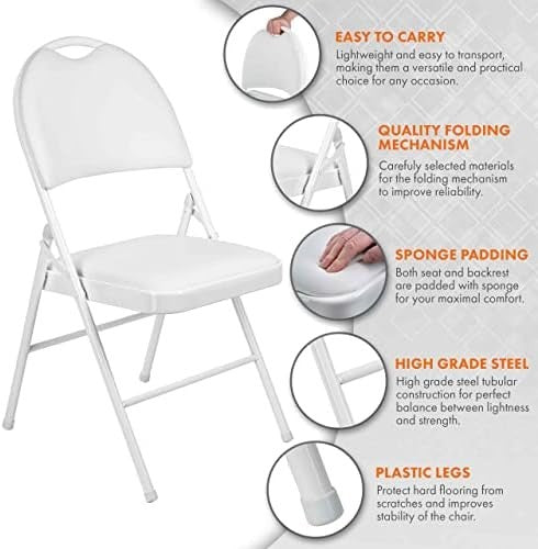 Heavy Duty Folding Chair White PVC Padded Metal Frame 150kg