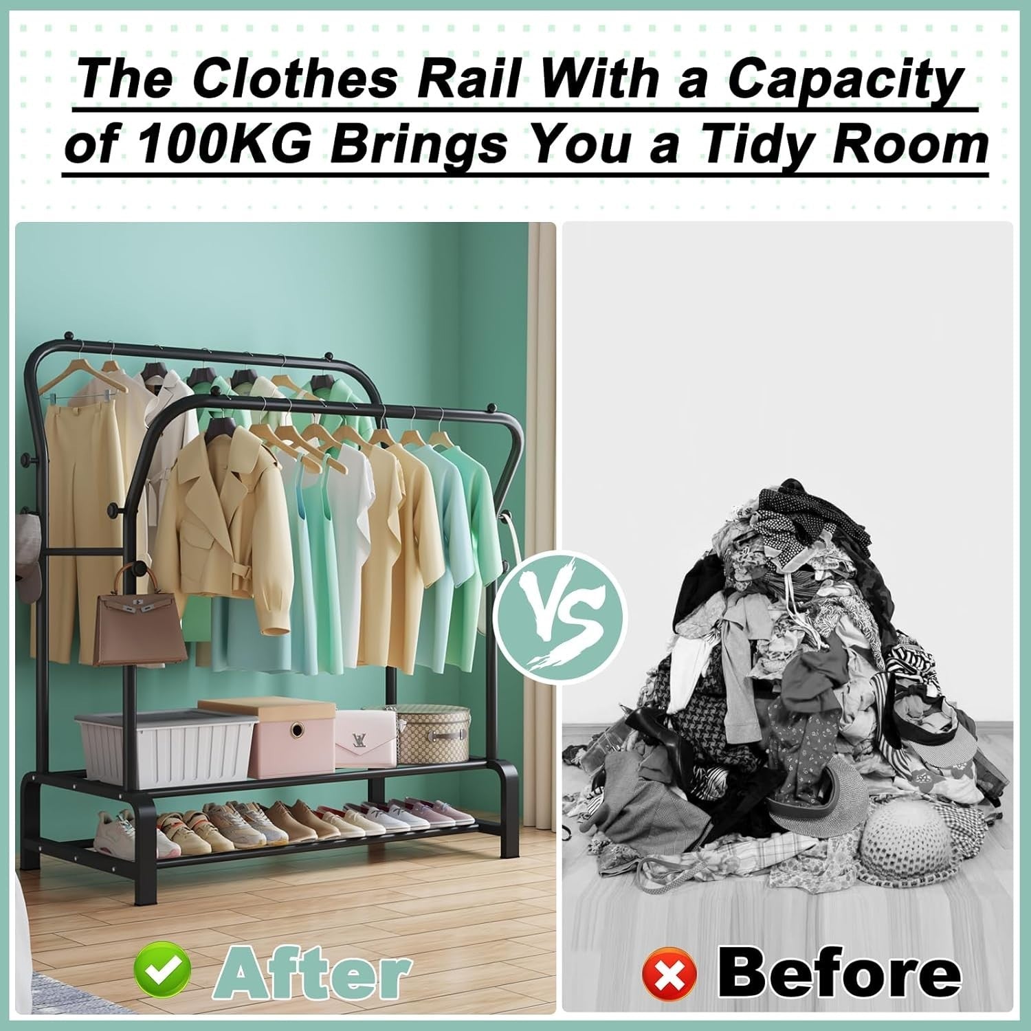 Heavy Duty Metal Clothes Rail Double Rack with Shelves & 8 Hooks Black