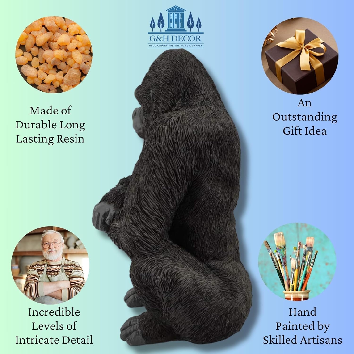 Realistic Gorilla Garden Statue 15" Resin Weather-Resistant Outdoor Ornament