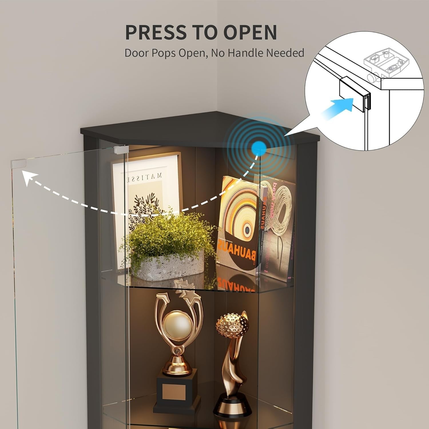 Corner Display Cabinet with RGB Lights, Glass Shelves & Motion Sensor