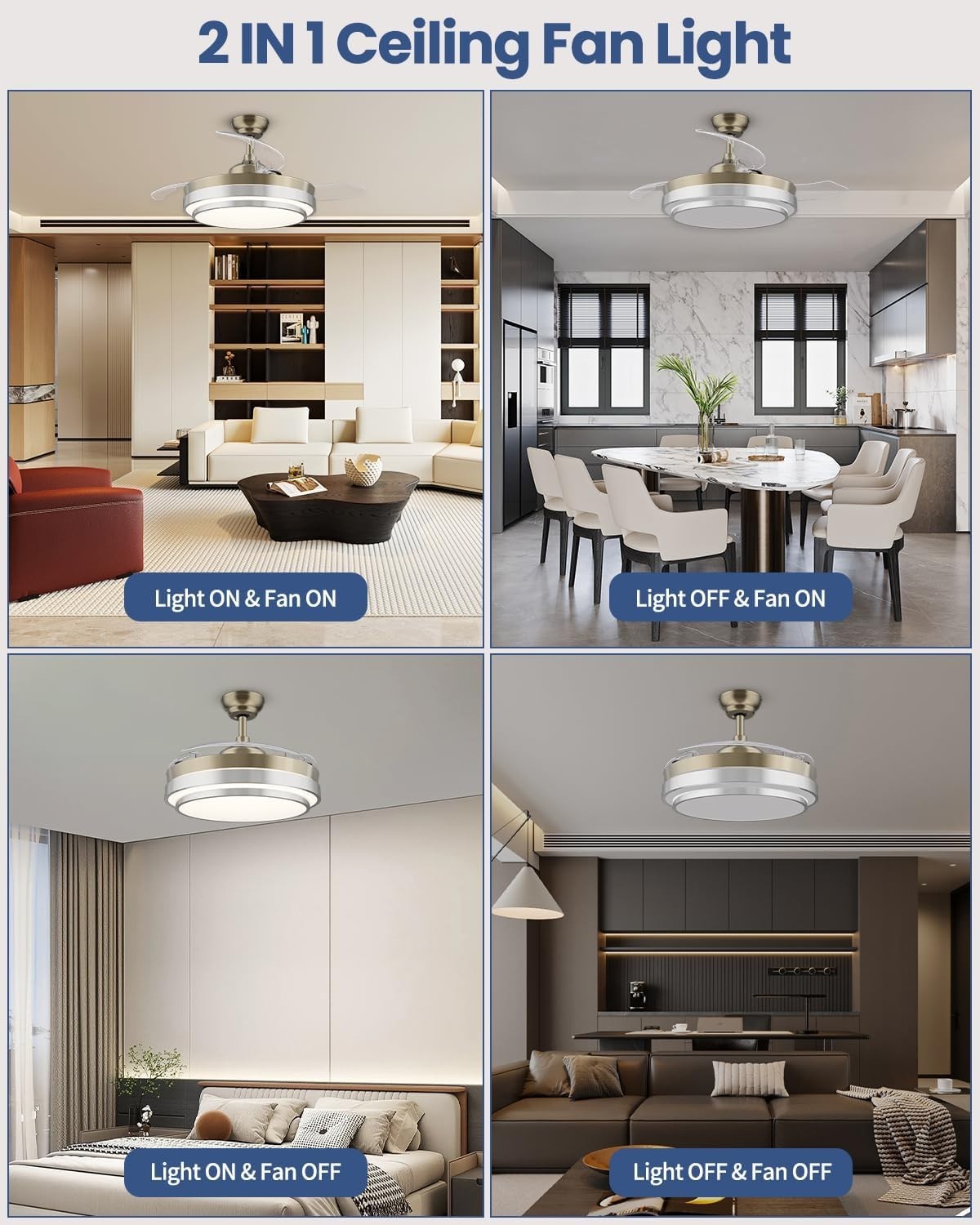 CJOY 42"" Ceiling Fan with Lights, Retractable Blades, 6 Speeds, LED, Remote