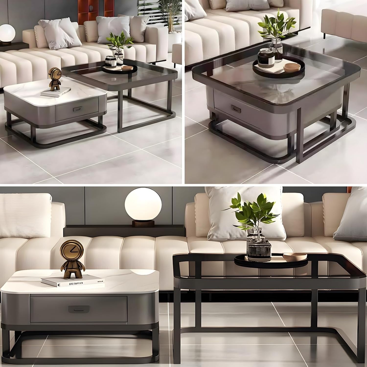 2-in-1 Nesting Coffee Table Set w/ Storage Drawer, Square Marble & Glass Top