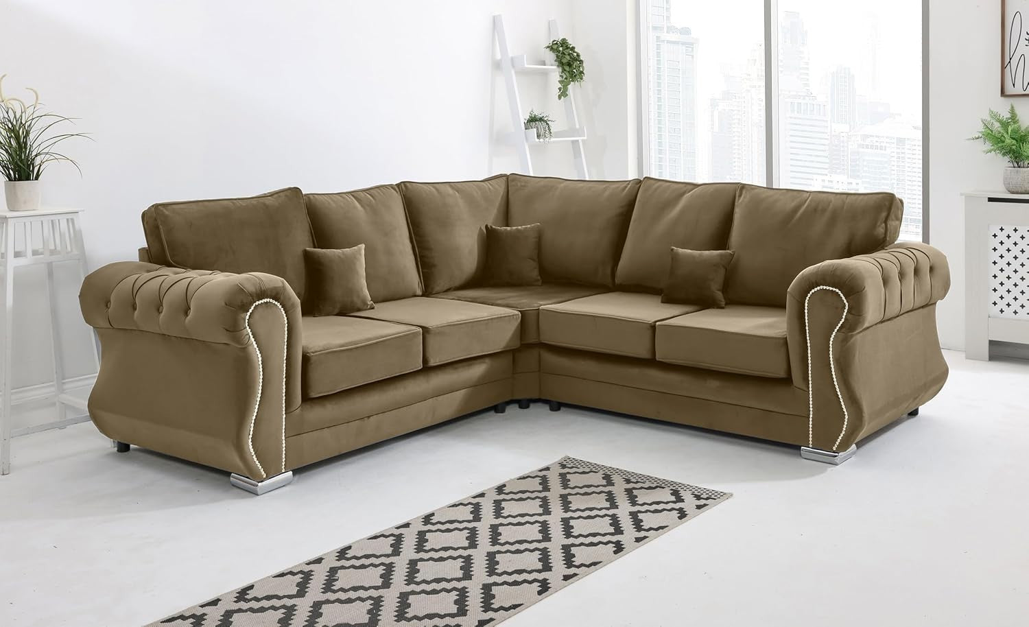 Mink Velvet Corner Sofa 5 Seater Plush Fabric, Foam Cushions, Chrome Legs