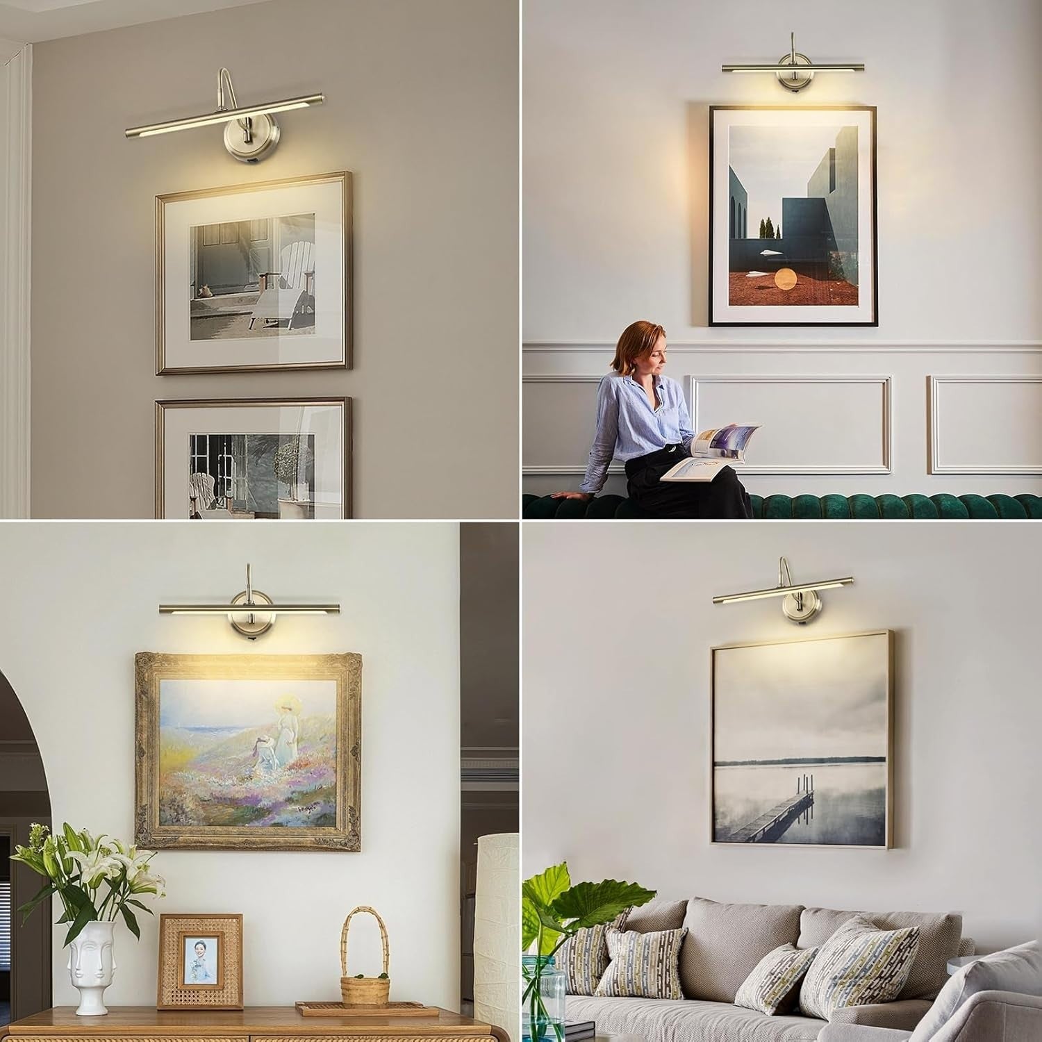 Wireless Antique Brass Wall Light with Adjustable Swing Arm, Dimmable 16.5"