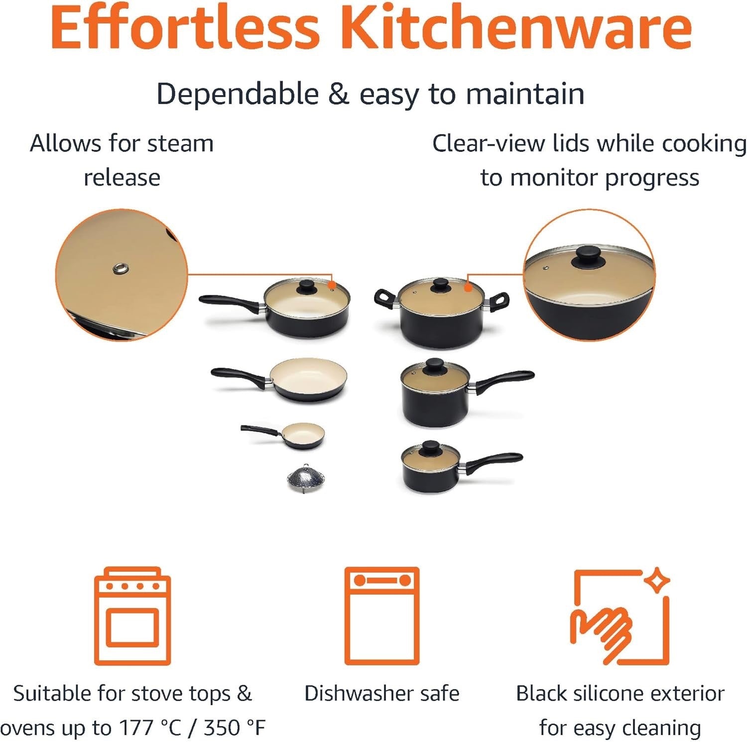 11pcs Ceramic Non Stick Cookware Set Black Cream PFOA Free Pots & Pans Kitchen
