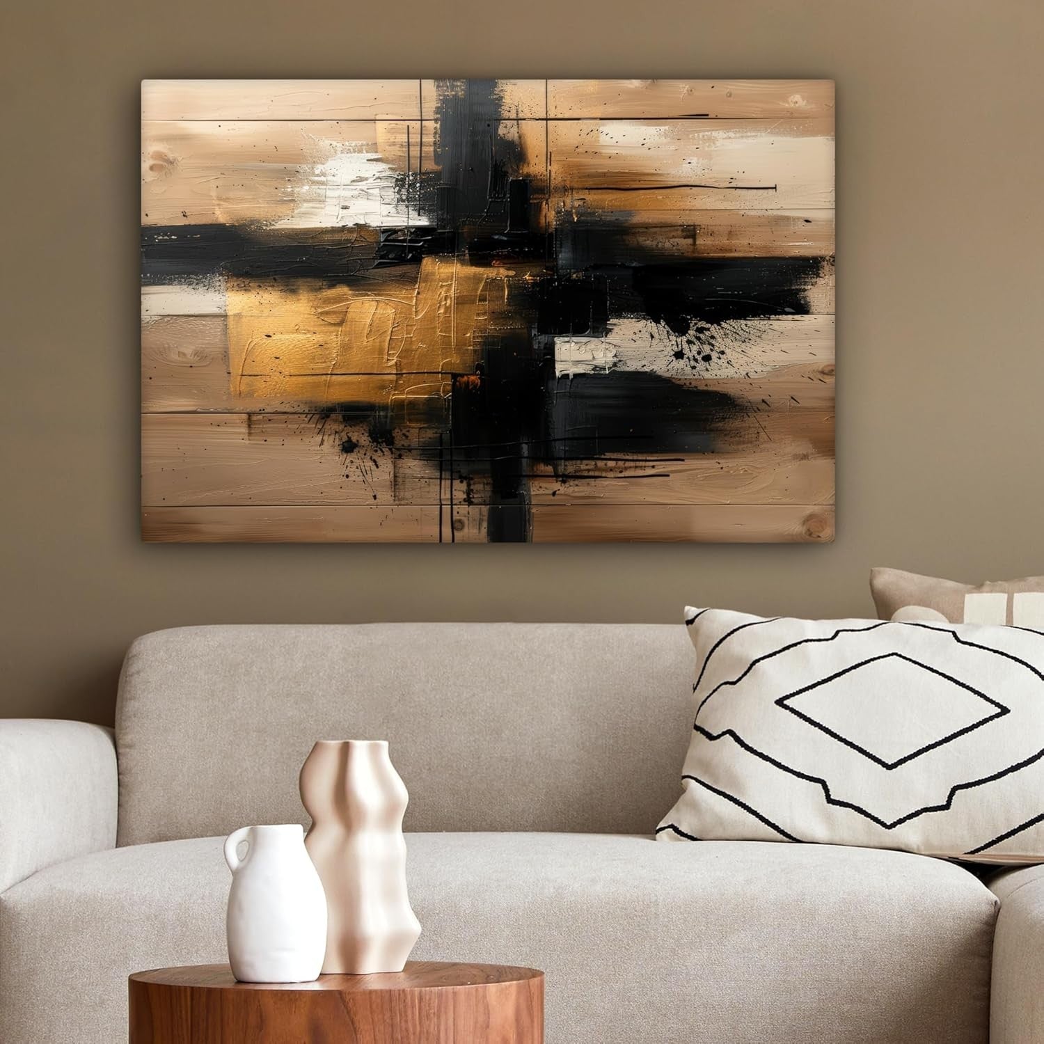 Abstract Gold Black Canvas Wall Art 60x40cm Framed Modern Decor