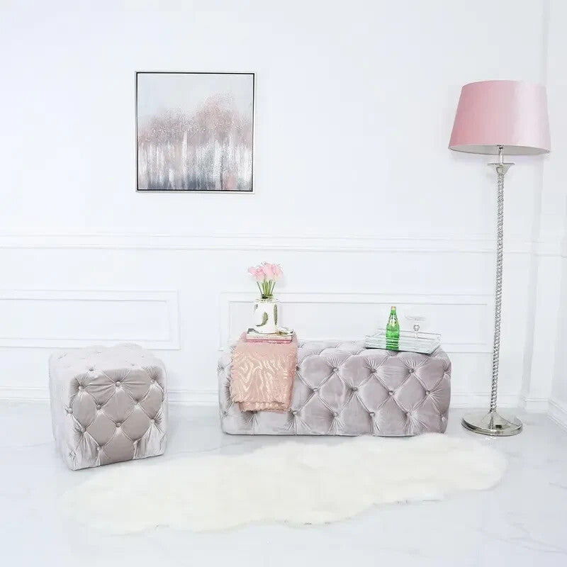 Pink Velvet Tufted Ottoman Footstool Buttoned Pouffe Seat for Bedroom