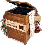 90L Solid Wood Laundry Hamper with Lid Large Brown Basket Removable Liner Bag
