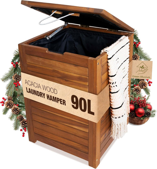90L Solid Wood Laundry Hamper with Lid Large Brown Basket Removable Liner Bag