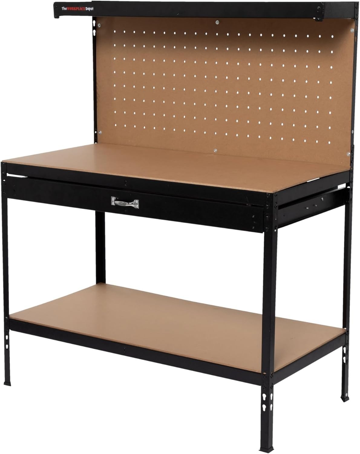 Heavy Duty Workshop Tool Bench Steel Frame Drawer Pegboard Shelves 230kg