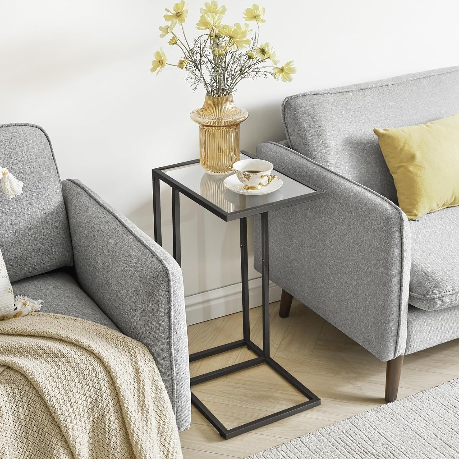Black C-Shaped Side Table 30x40x63 cm | Tempered Glass Sofa & Bed Table