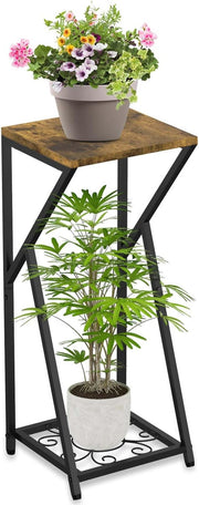 2 Tier Metal Wood Plant Stand Indoor Outdoor Corner Tall Flower Display Rack