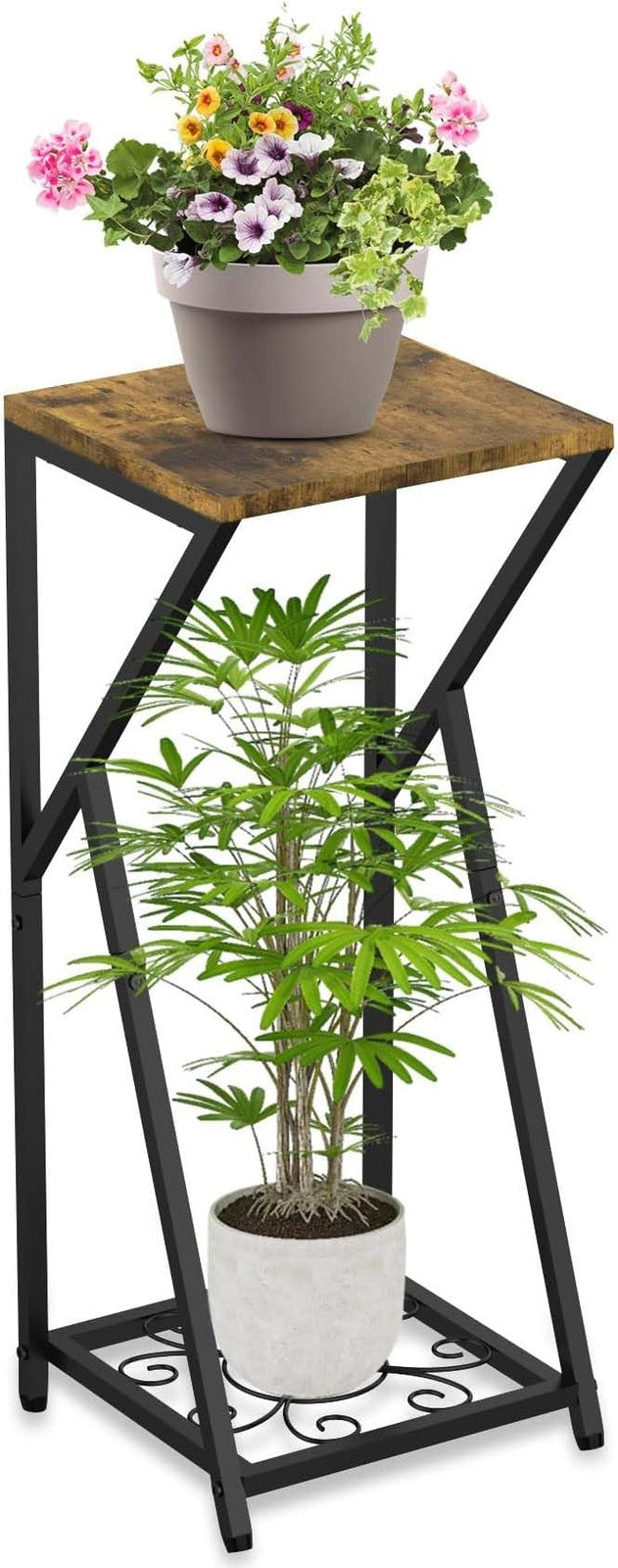 2 Tier Metal Wood Plant Stand Indoor Outdoor Corner Tall Flower Display Rack