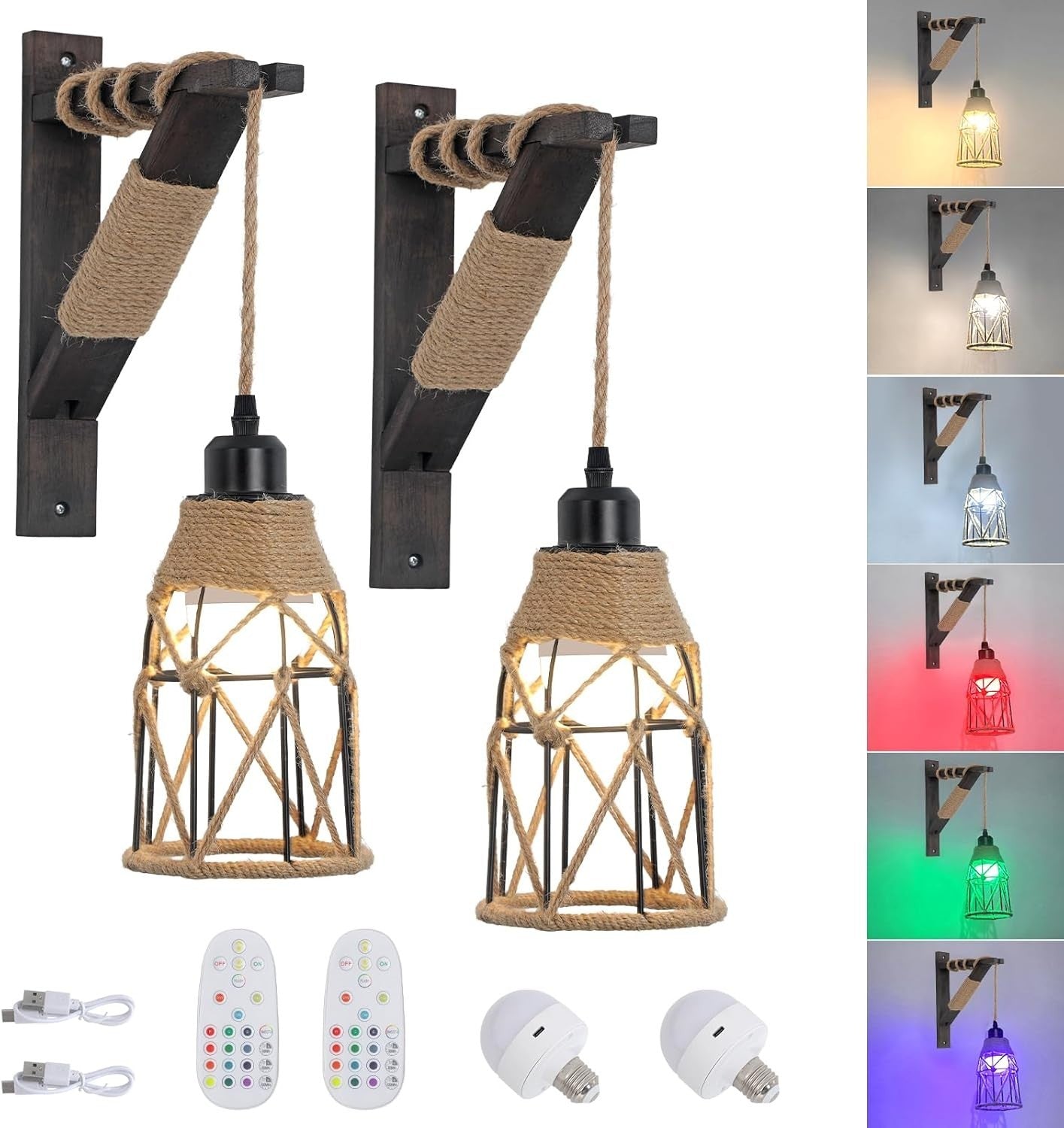 RGB Wall Lights Set of 2 Wireless Farmhouse Sconces w/ Remote + Rechargeable