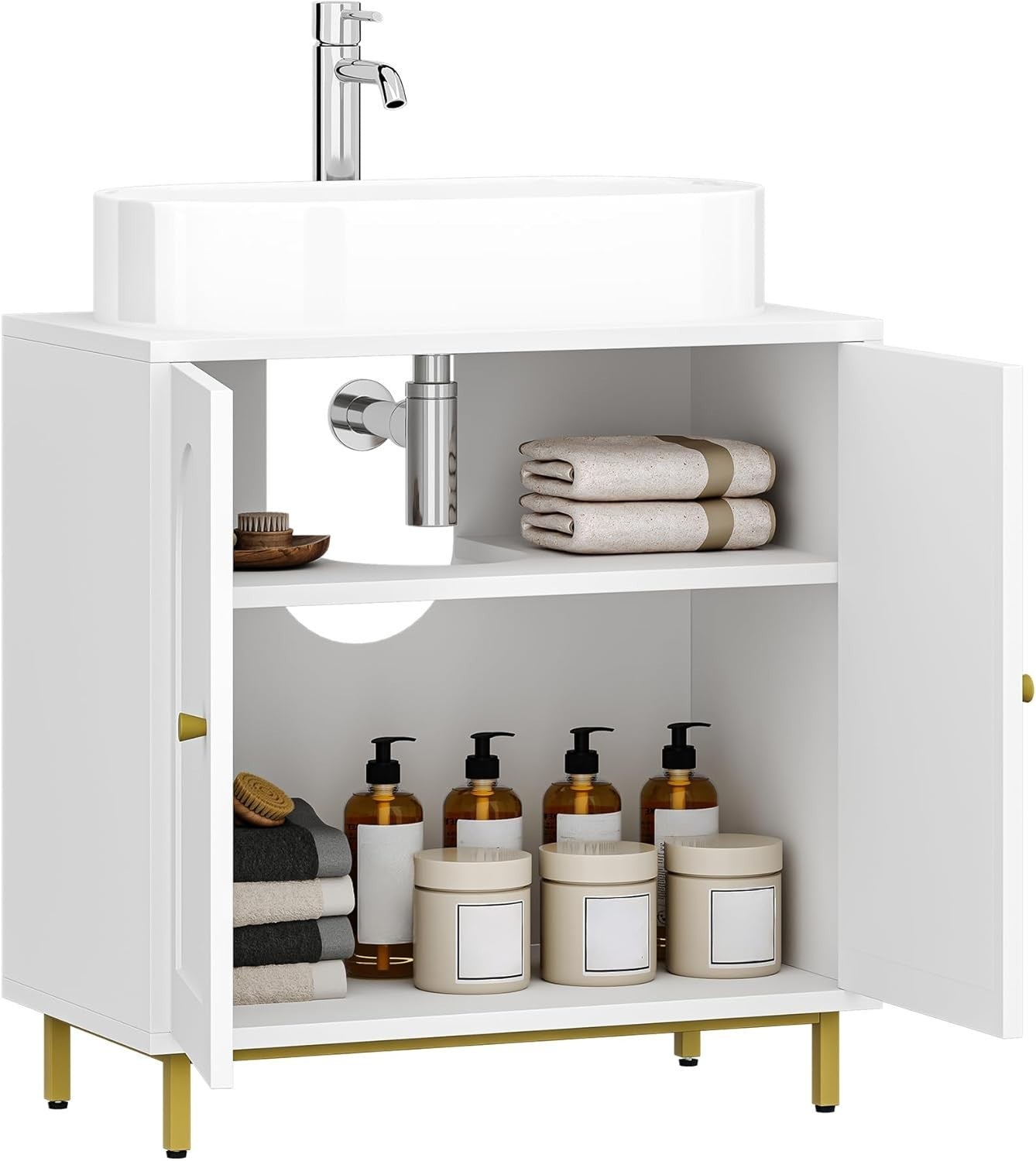 Luxury White Under Sink Cabinet with Shelf & Gold Legs – Bathroom Storage 63cm