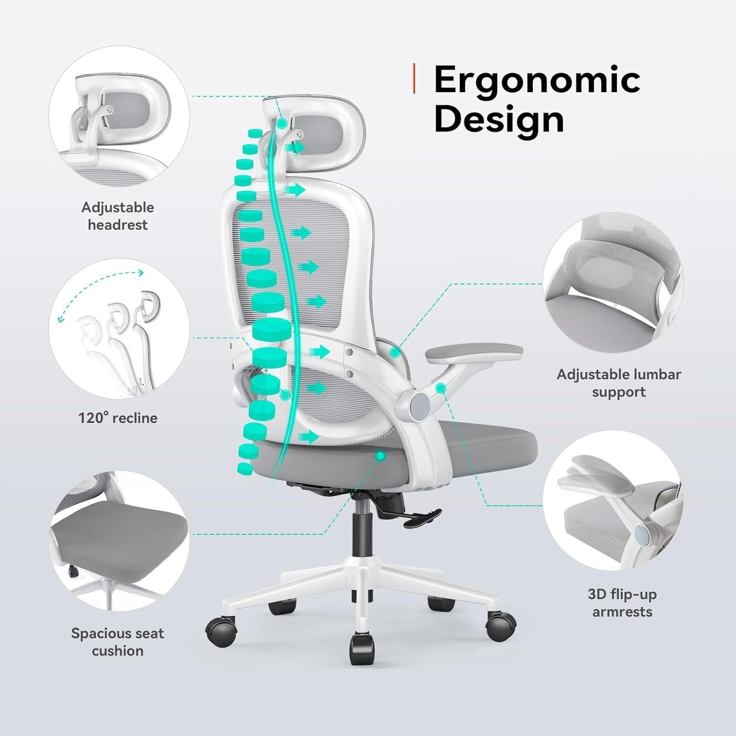 Ergonomic Mesh Office Chair Tall People Adjustable Lumbar Flip-Up Arms 300lb Sup