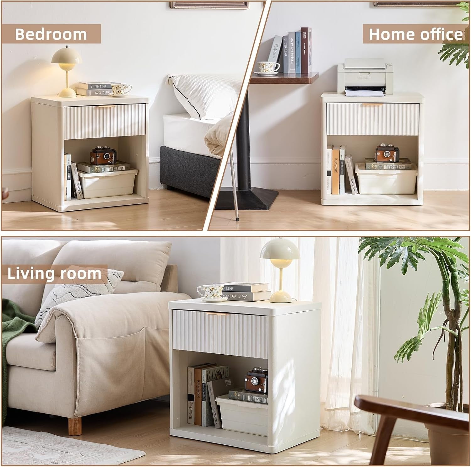 White Fluted Bedside Table with Drawer Modern Nightstand Storage Cabinet