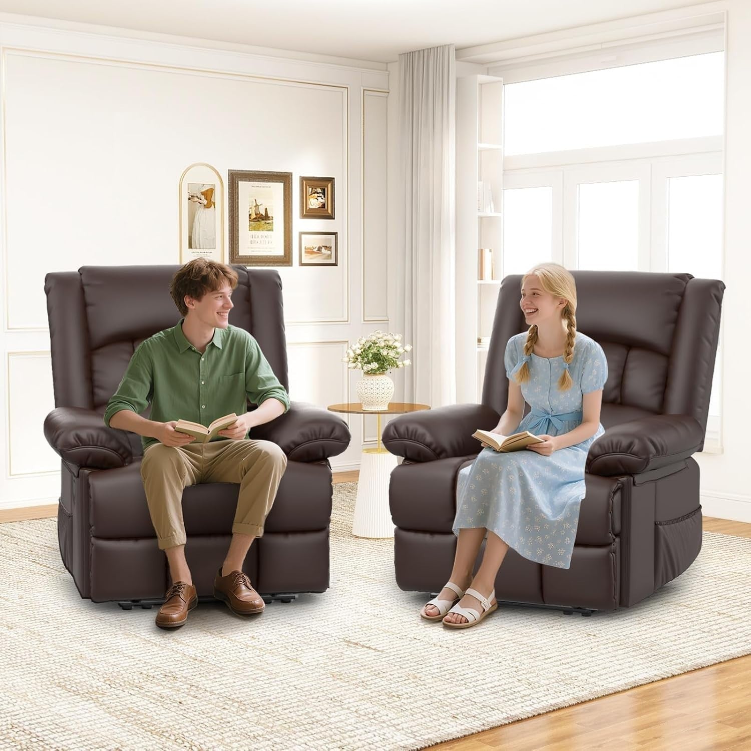 Manual Recliner Chair Massage Heat 135° Recline Footrest Dual Pockets Brown