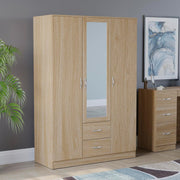 3 Door Mirrored Wardrobe with Drawers & Rail, Pine Tall Bedroom Unit