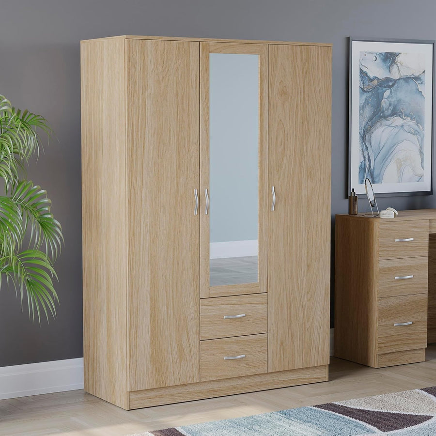 3 Door Mirrored Wardrobe with Drawers & Rail, Pine Tall Bedroom Unit