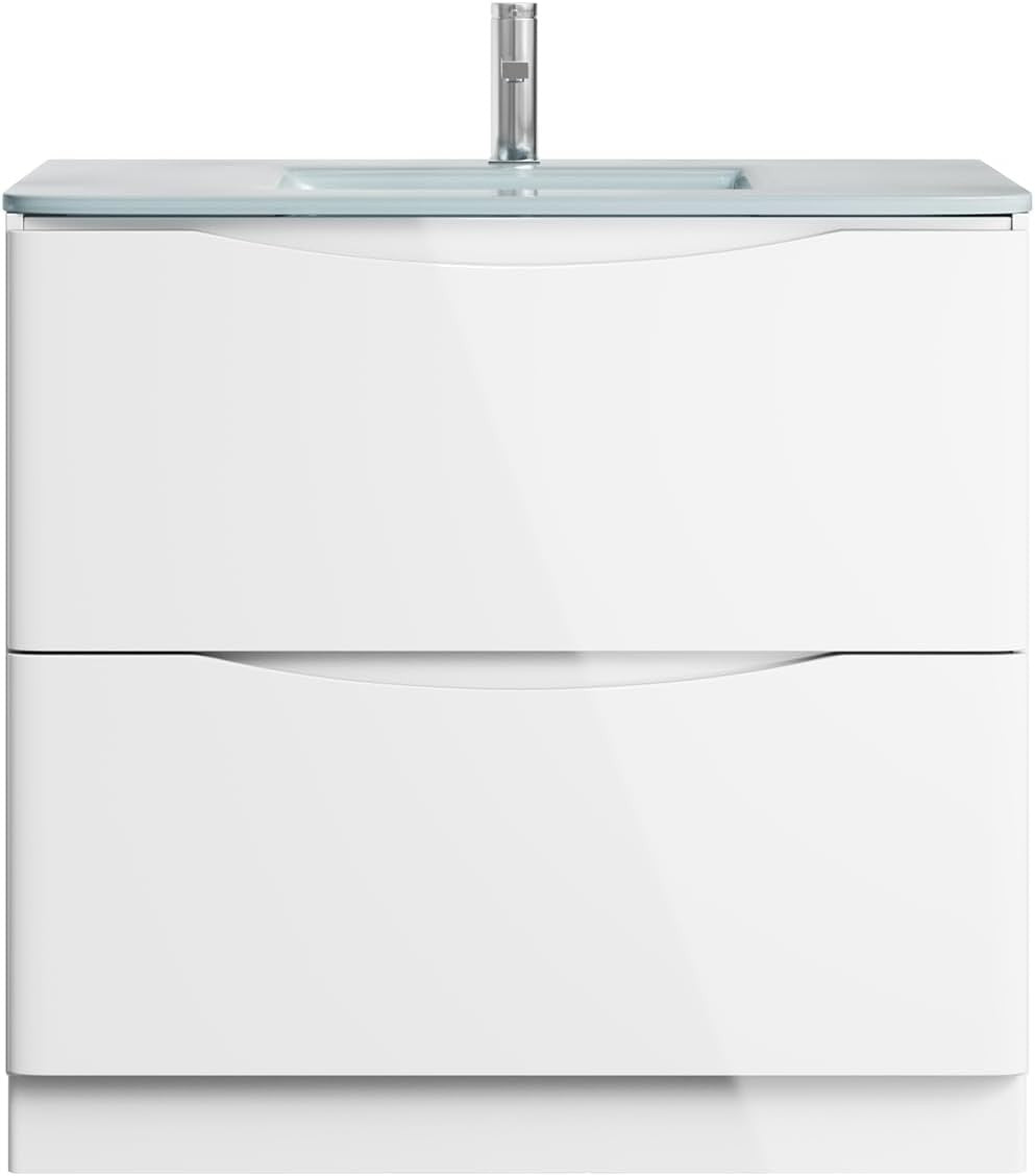 900mm Floor Standing Vanity Unit White Gloss with White Glass Basin Storage