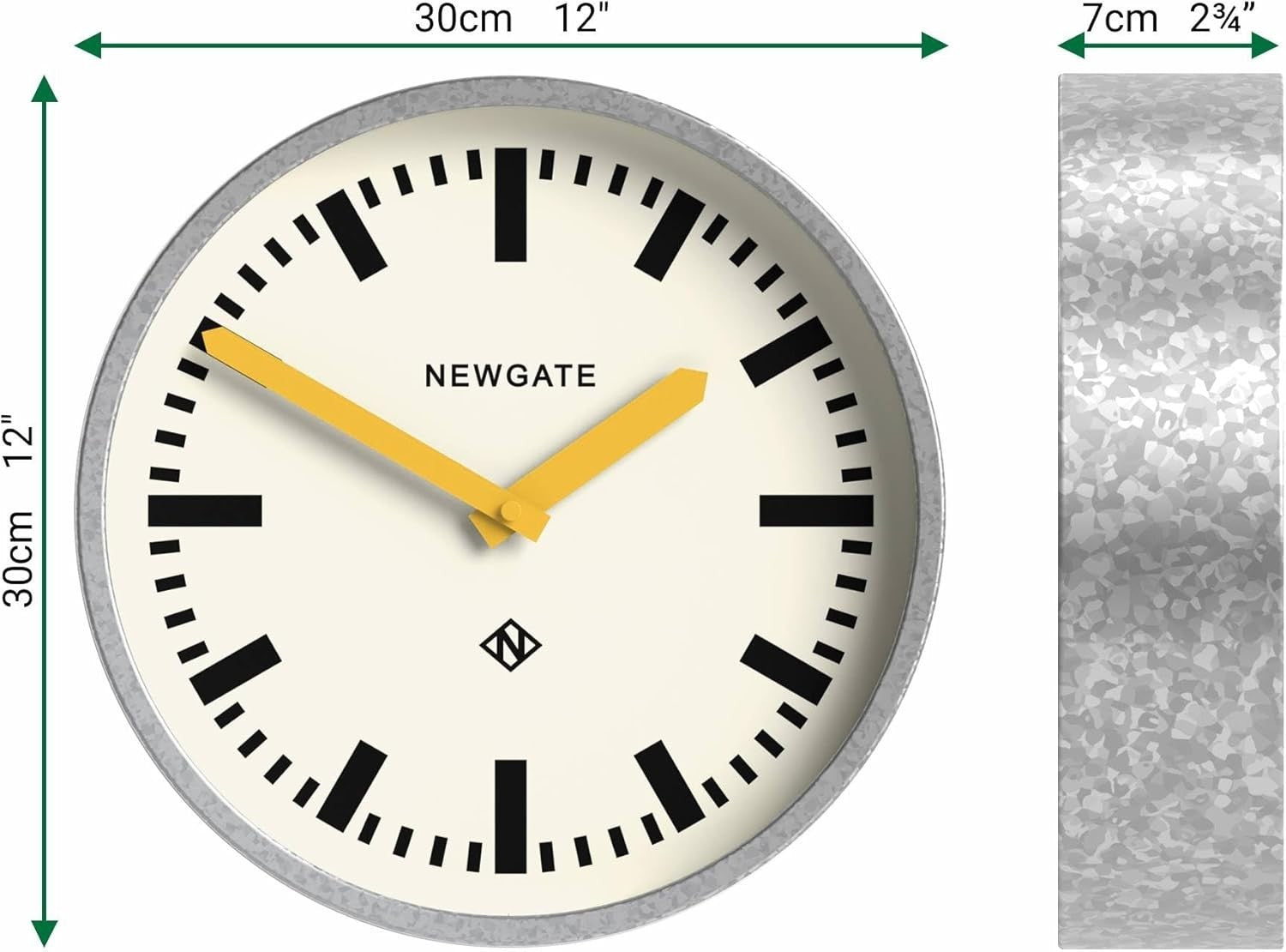30cm Retro Silent Wall Clock Yellow Hands Galvanised Metal Industrial