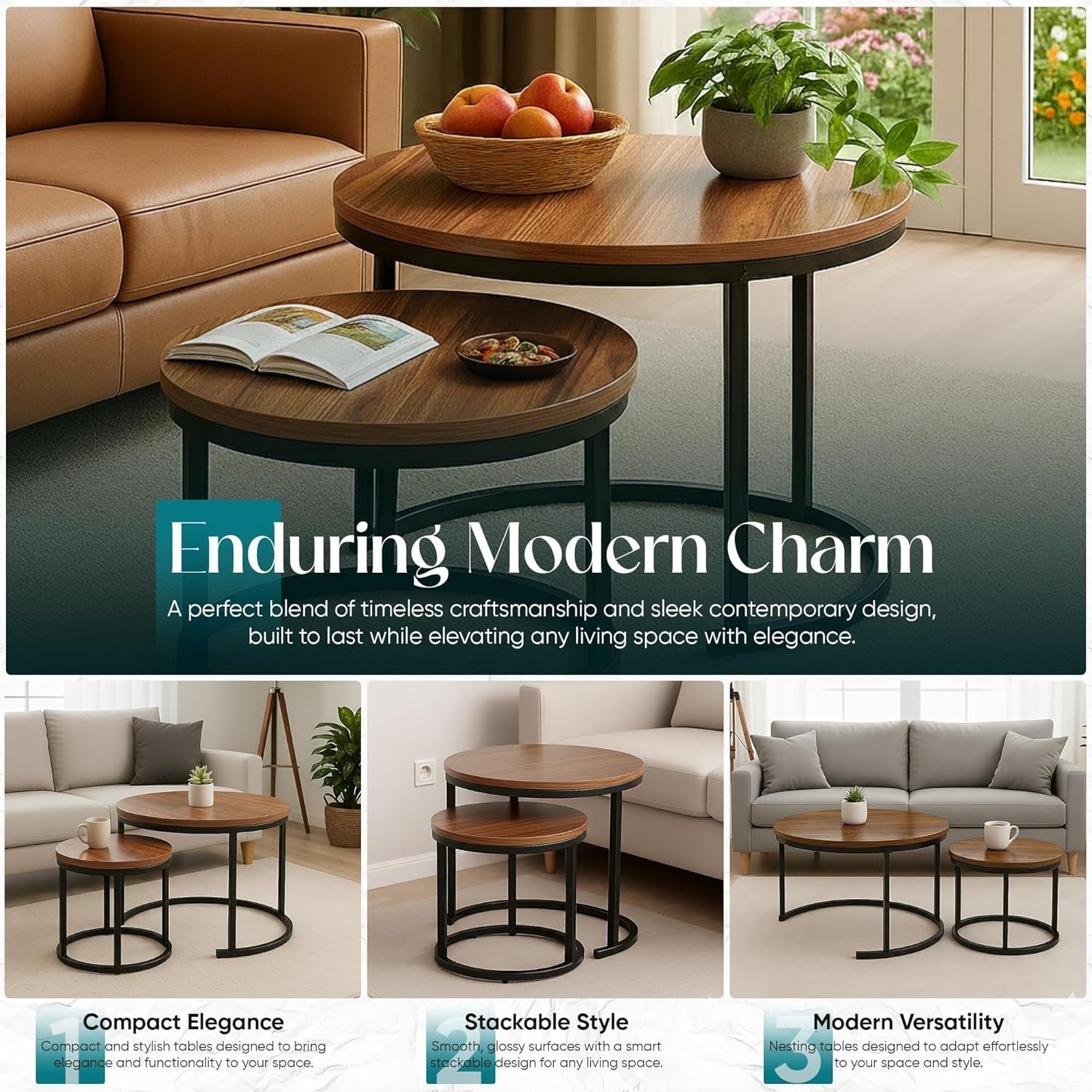Round Wood Nesting Coffee Tables Set of 2, Stackable Side End Accent Table Brown