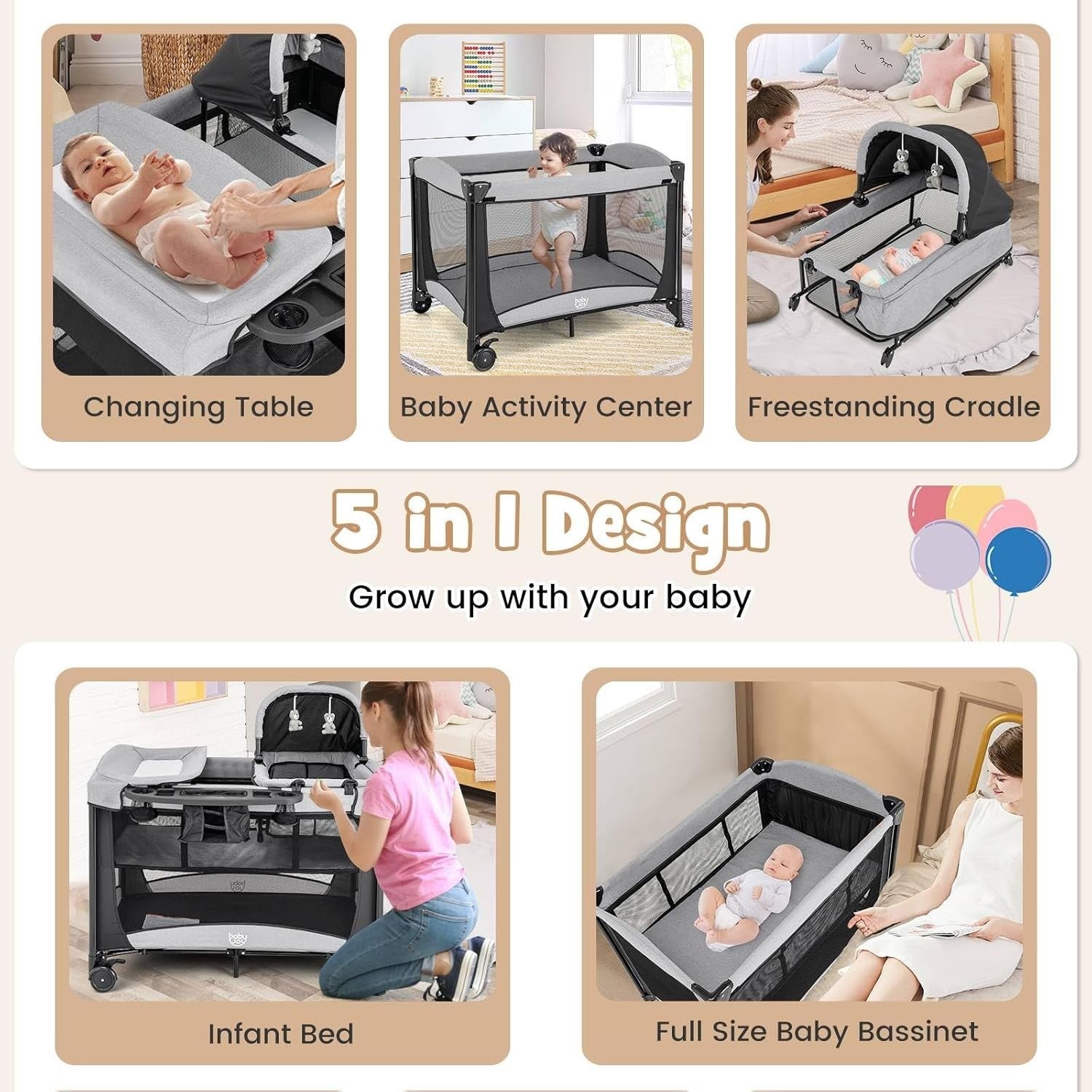 5in1 Baby Travel Cot Foldable Crib with Mattress, Changer & Storage Black