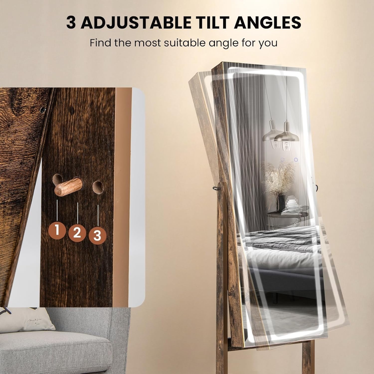Rustic Brown LED Jewellery Armoire Adjustable Full Length Mirror Lockable