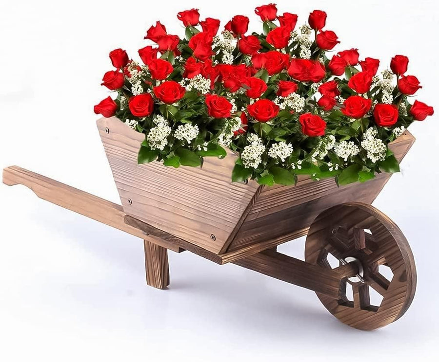 Wooden Wheelbarrow Planter – Rustic Garden Decor w/ Rotating Wheel Heavy Duty