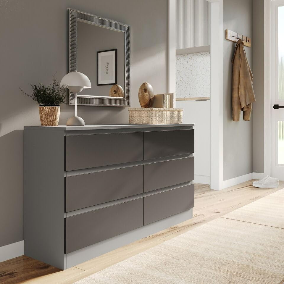 Modern 6 Drawer Chest Grey Black Storage Cabinet for Bedroom Office