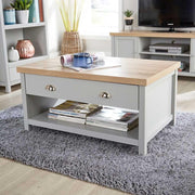 Modern Grey Coffee Table 2 Drawers Oak Effect 90x58x45cm Durable Storage