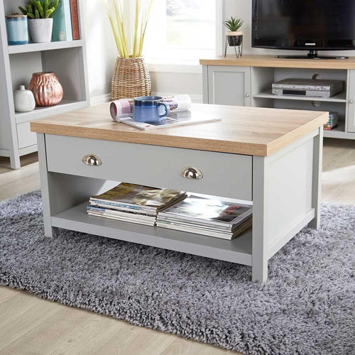 Modern Grey Coffee Table 2 Drawers Oak Effect 90x58x45cm Durable Storage