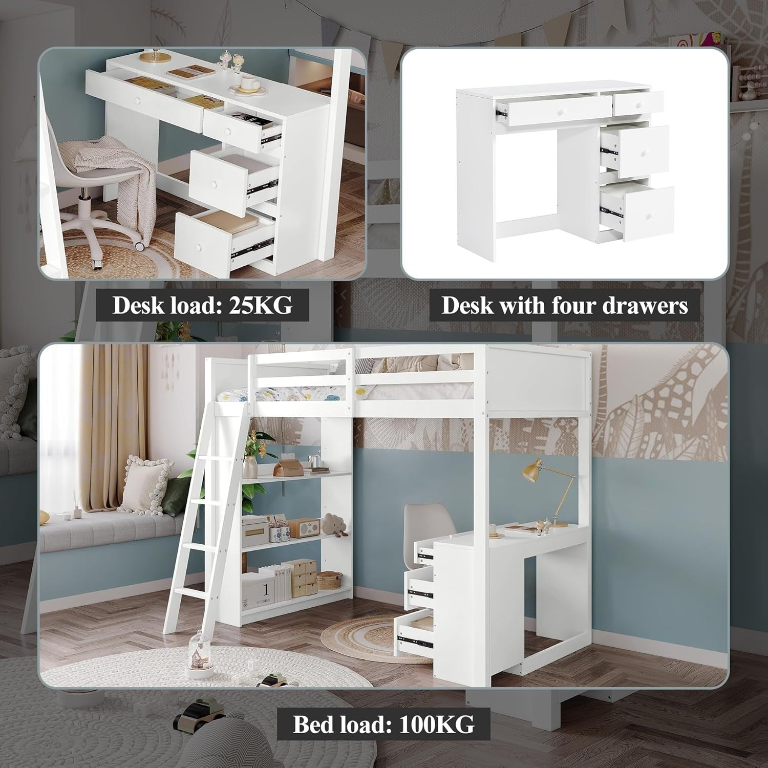 Loft Bunk Bed with Desk, 4 Drawers & Shelves, Kids 3FT White 90x190cm Bed