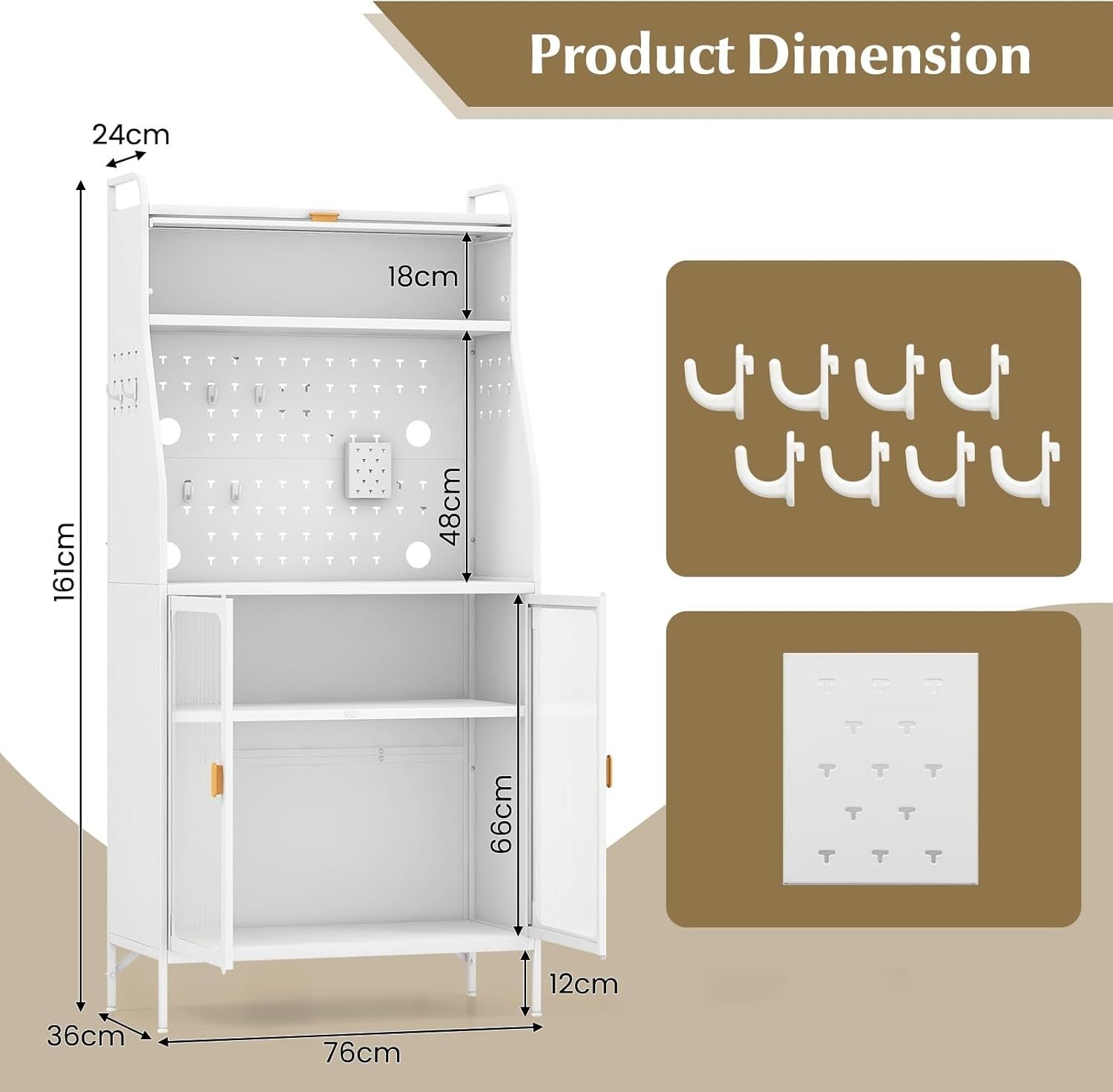 White Kitchen Pantry Cupboard with Flip Door, Pegboard & Adjustable Shelf