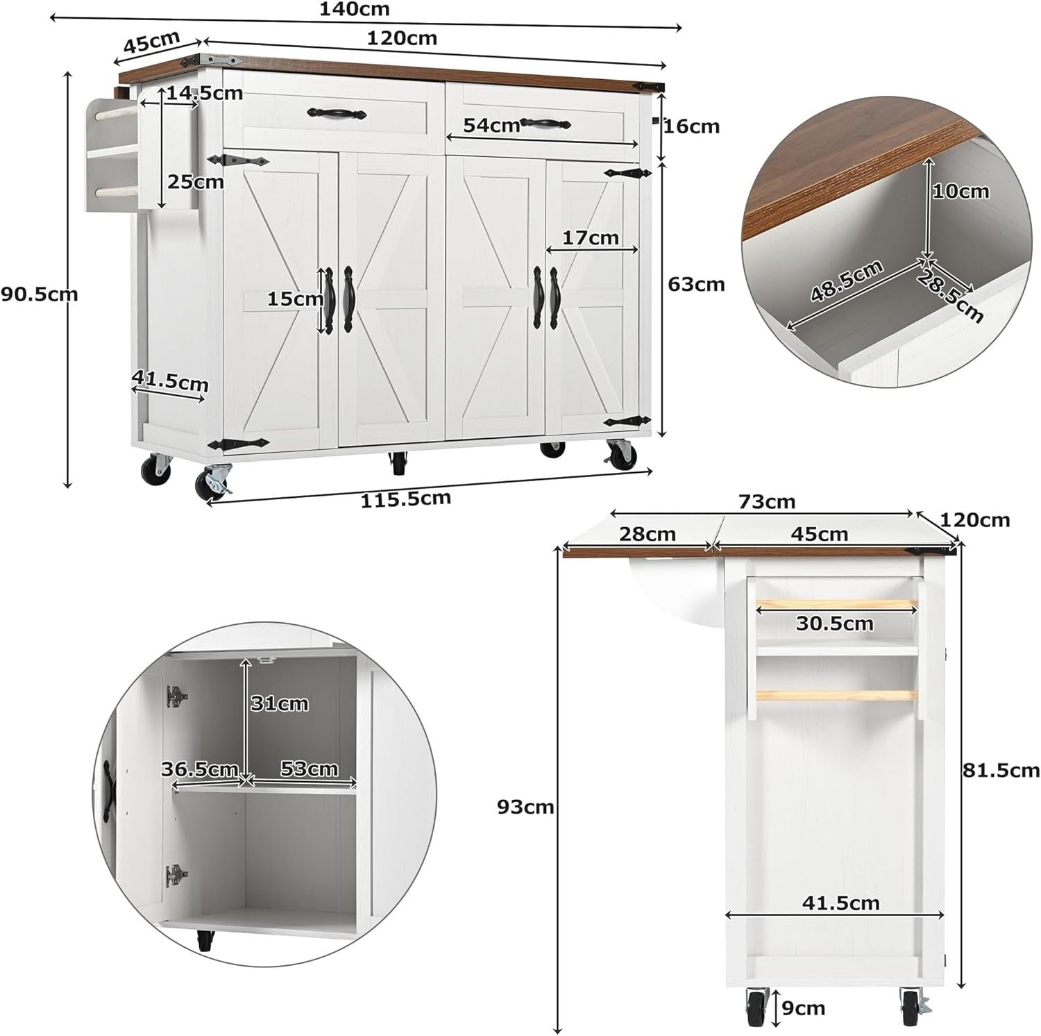 Rolling Kitchen Island Trolley with Drawers, Cabinet & Drop Leaf 140x45x90cm
