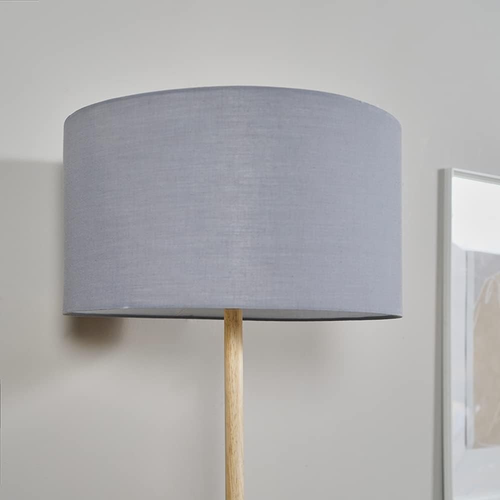 Natural Wood Floor Lamp Dark Grey Shade Modern Standing Light Living Room