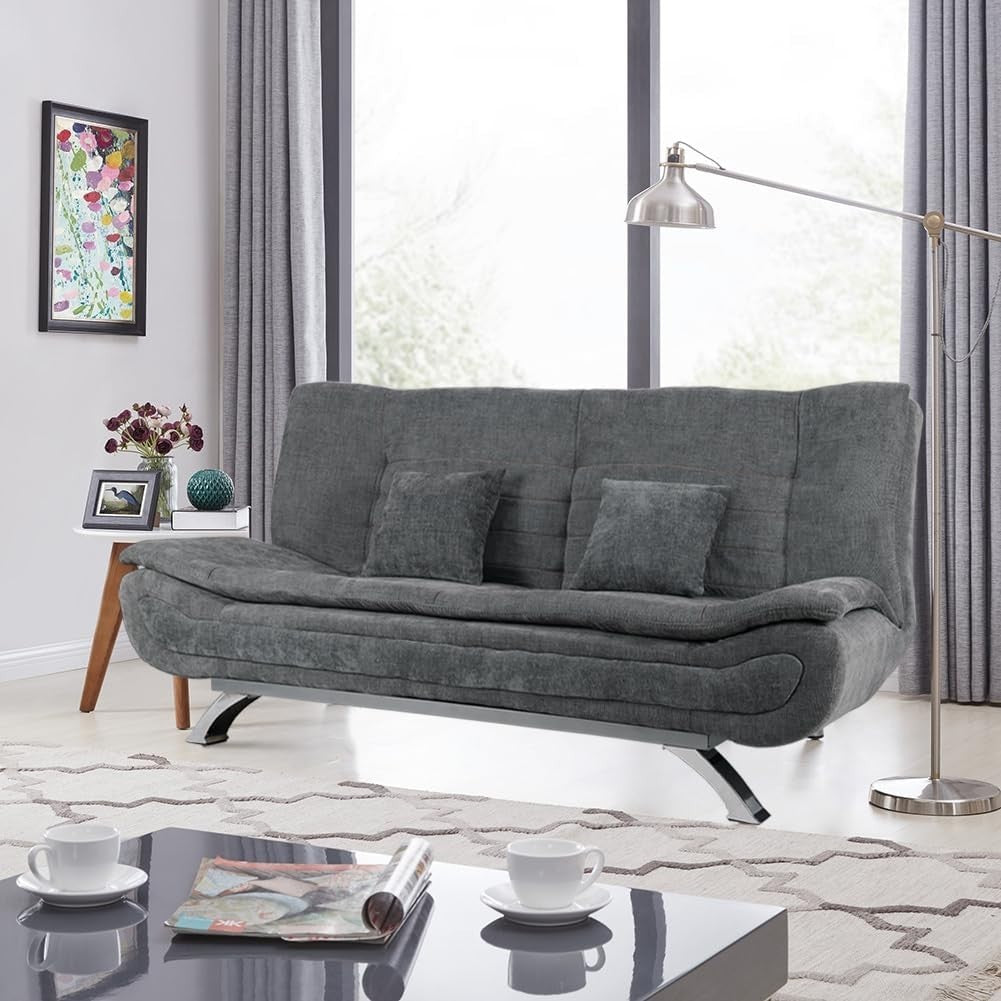 Luxury 3 Seater Sofa Bed Grey Linen Futon Couch w/ Pillows & Chrome Legs