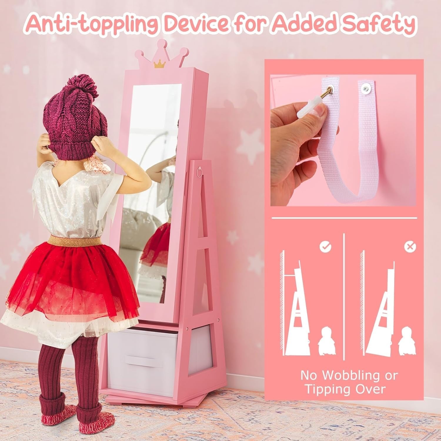 Kids 360° Swivel Jewelry Cabinet Mirror Organizer with Anti Tip Base