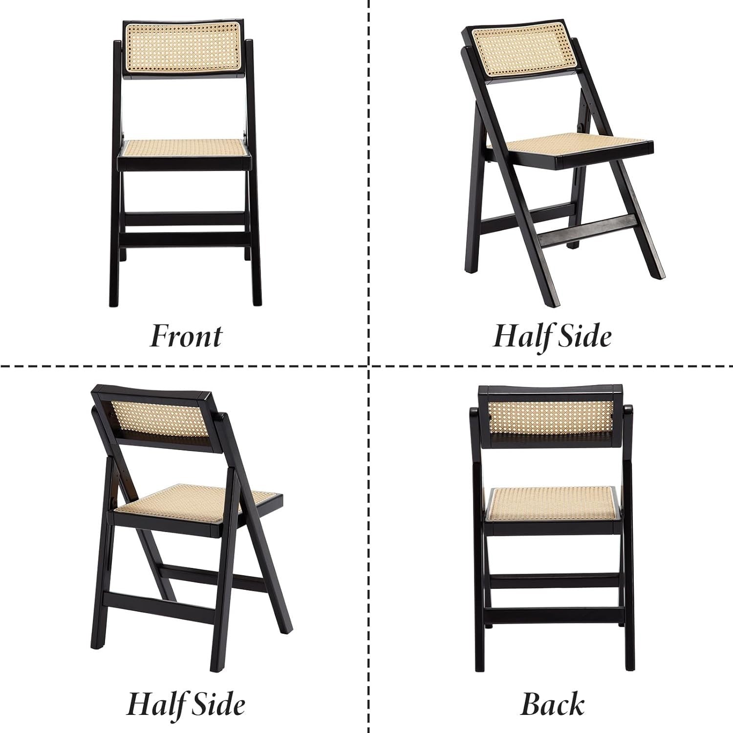 Foldable Rattan Dining Chairs Set of 2 Mid Century Space Saving Kitchen Seats