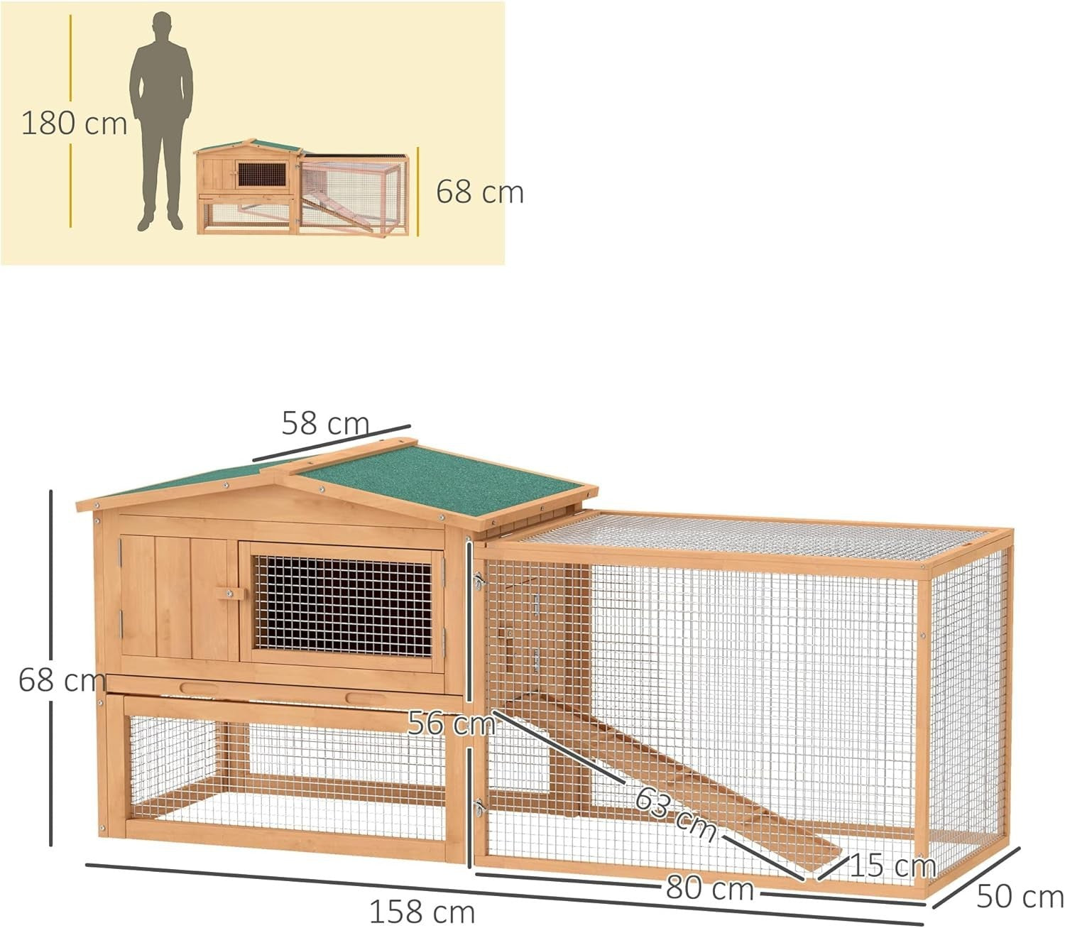 2 Tier Wooden Rabbit Hutch Outdoor Bunny Coop 158x58x68cm