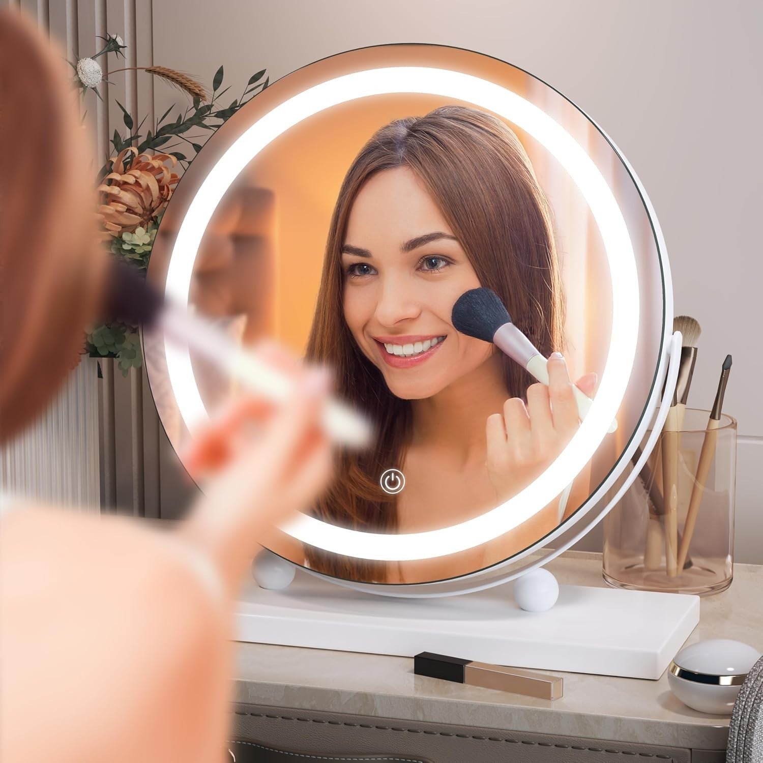 LED Makeup Mirror 30x30cm with Dimmable Touch Lights & 360° Rotation