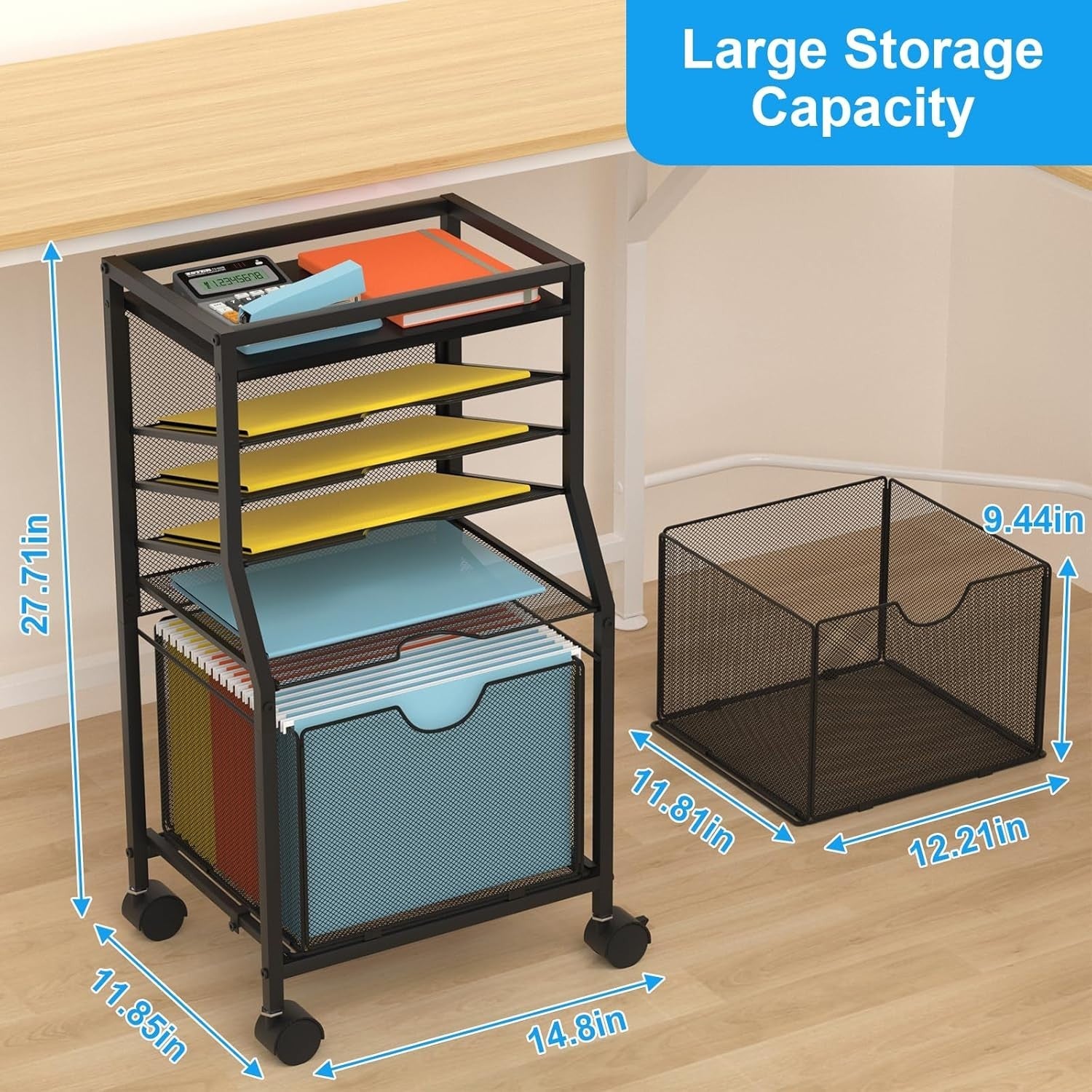 Rolling File Cart Under Desk 6 Tier Storage Organiser w Wheels Drawer