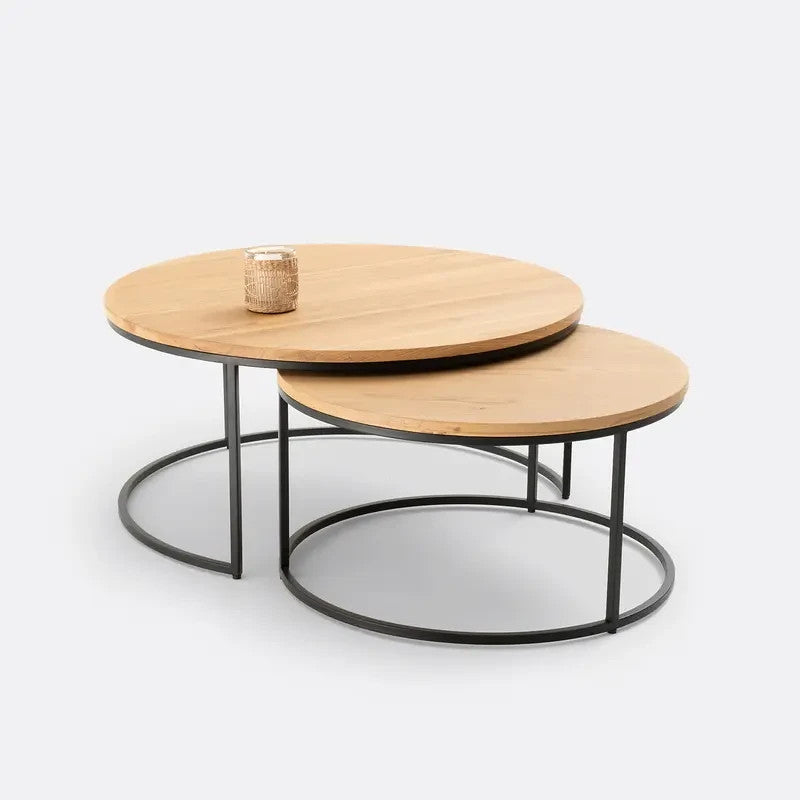 Round Oak Nesting Coffee Tables Set of 2 | Modern Living Room Furniture
