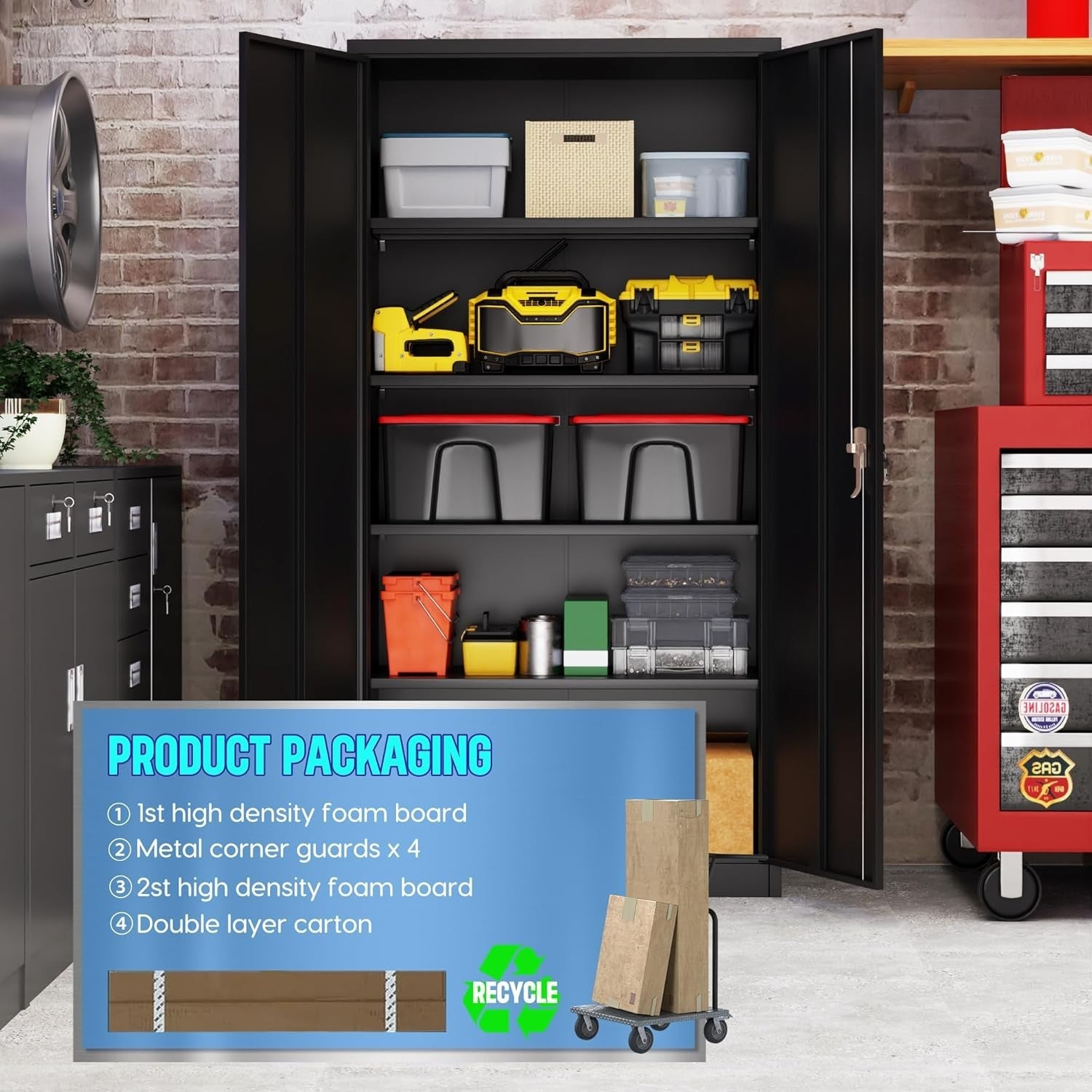 Steel Storage Cabinet 2 Door 4 Adjustable Shelves 180cm Tall Secure Organizer