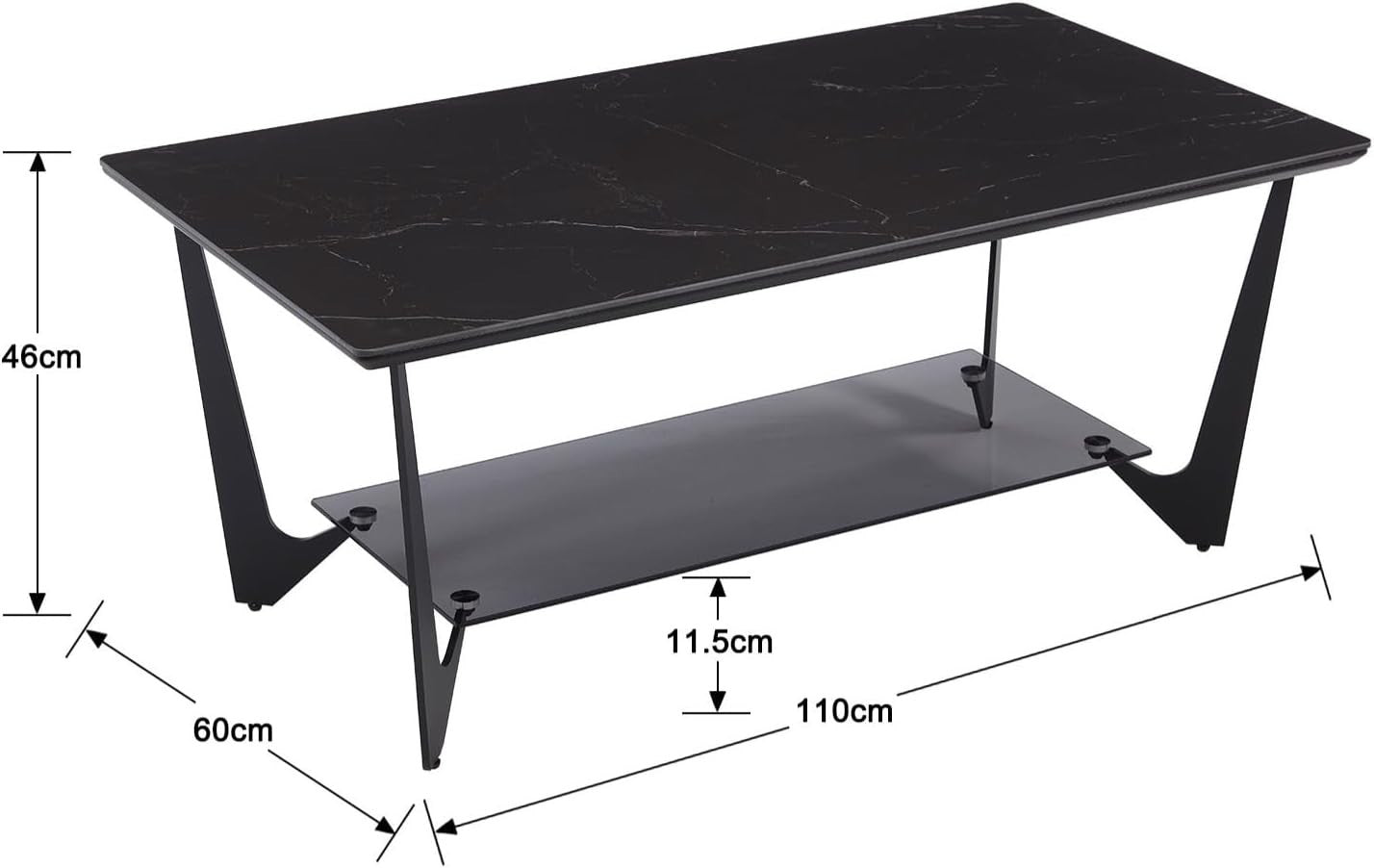 Modern Marble Look Coffee Table with Glass Shelf & Sleek Metal Legs 110x60cm